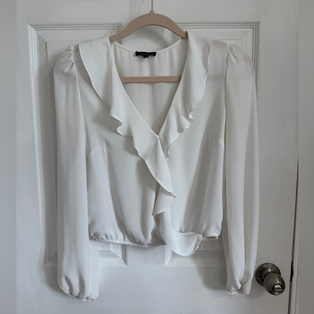 Dynamite Wrap Ruffle White Blouse